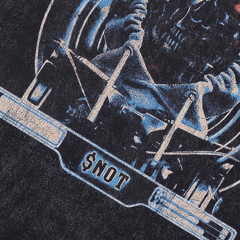 Ropa Vintage Hombre Skull Demon Print Washed Short Sleeve T-Shirt