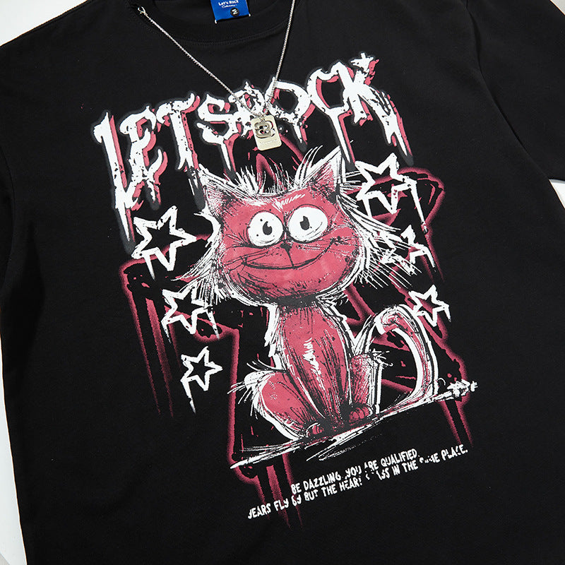 Nyc T-Shirt Cat Graffiti Letter Strap Necklace Short Sleeve T-Shirt Hip Hop Loose T-Shirt