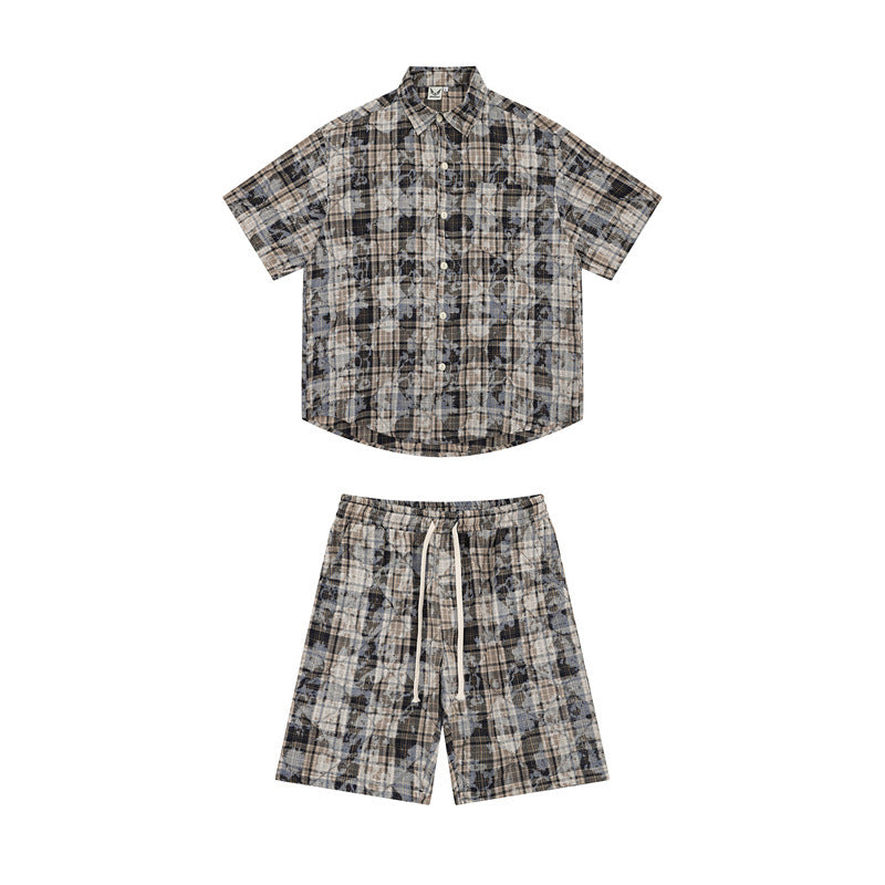 Stone Wash T shirt Retro plaid short-sleeved shirt Summer loose shorts