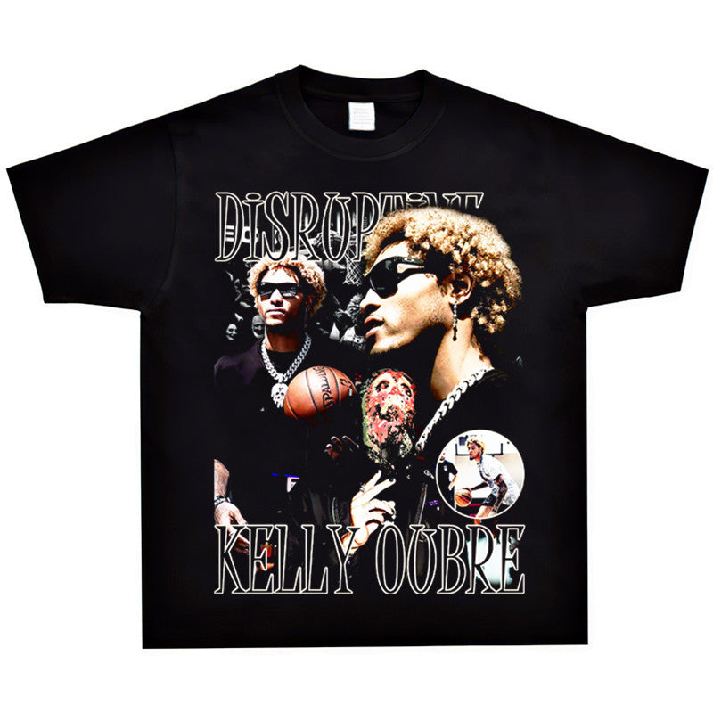 Film Star T Shirt Kelly Oubre Printed T-shirt Short Sleeve Loose Retro Pure Cotton Washed Distressed