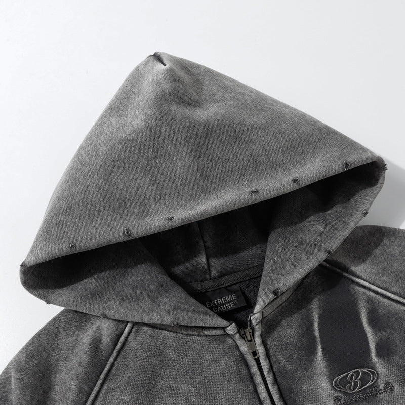 Streetwear Hoodie Winter Vintage Washed Old Hooded Sweater Loose Cardigan Jacket