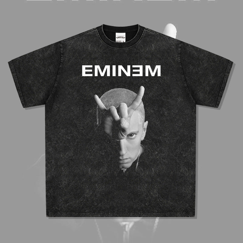 Streetwear masculino hip hop emperor Eminem vintage washed do old short sleeve t-shirt
