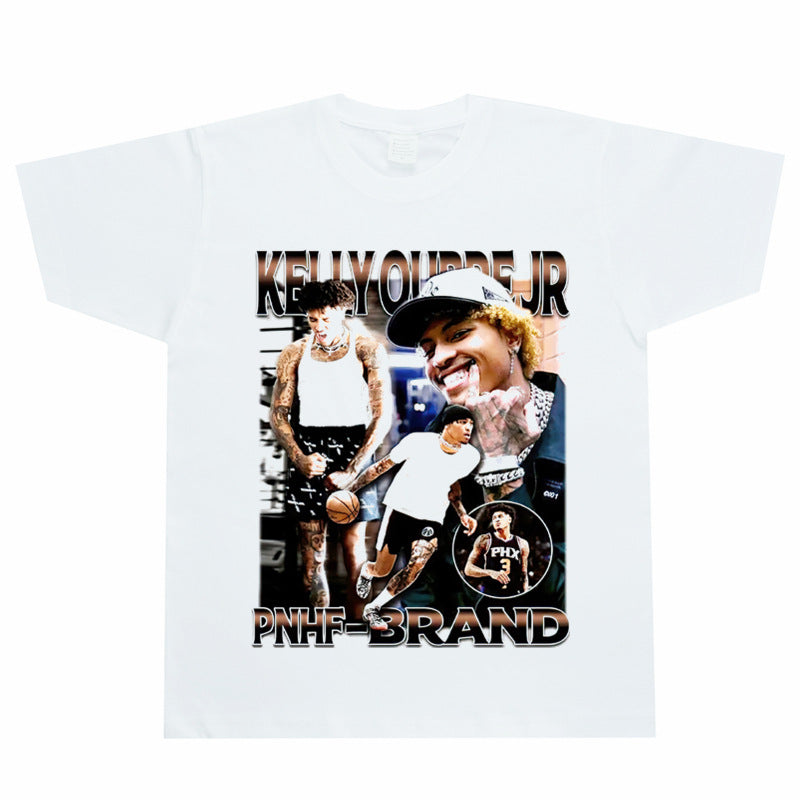 Film Star T Shirt Kelly Oubre Printed T-shirt Short Sleeve Loose Retro Pure Cotton Washed Distressed