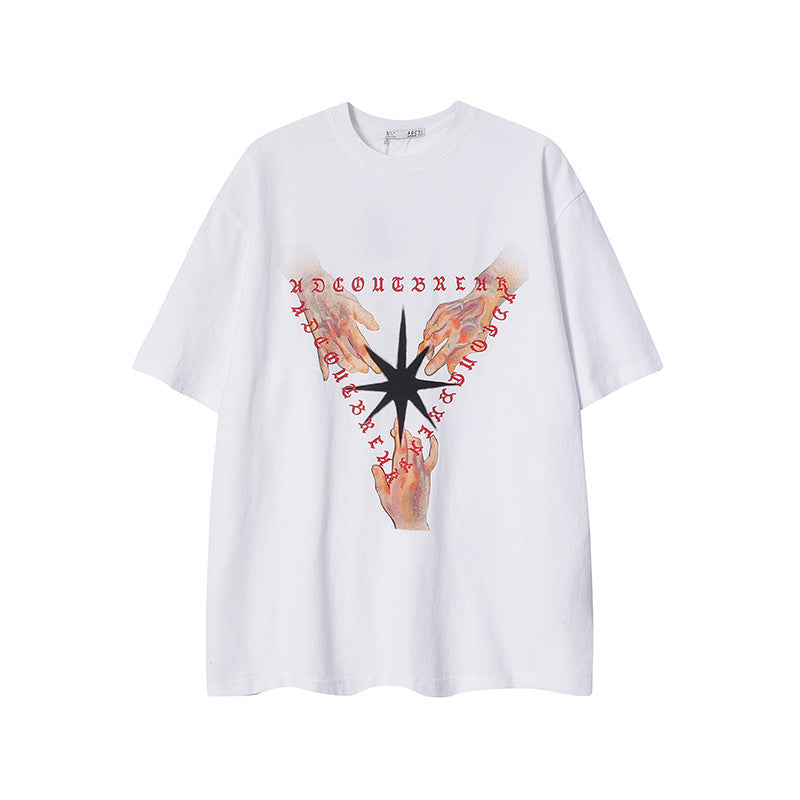 Vintage T Shirts Hip Hop Finger Print Crew Neck Short Sleeve T-Shirt