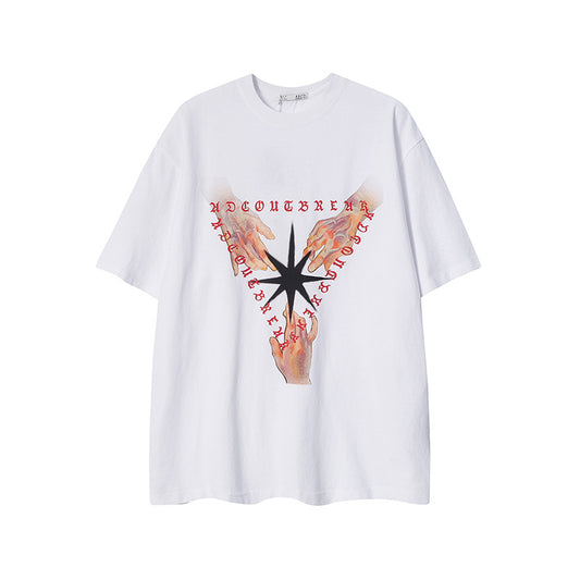 Vintage T Shirts Hip Hop Finger Print Crew Neck Short Sleeve T-Shirt