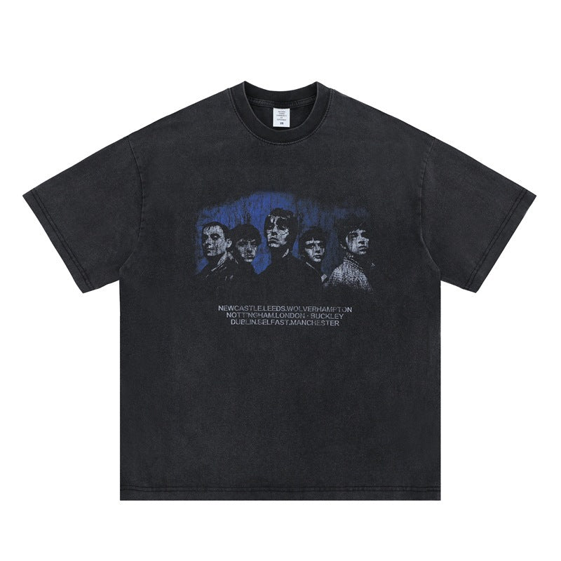 Vic Streetwear Summer Vintage Portrait Washed Crew Neck Short Sleeve T-Shirt
