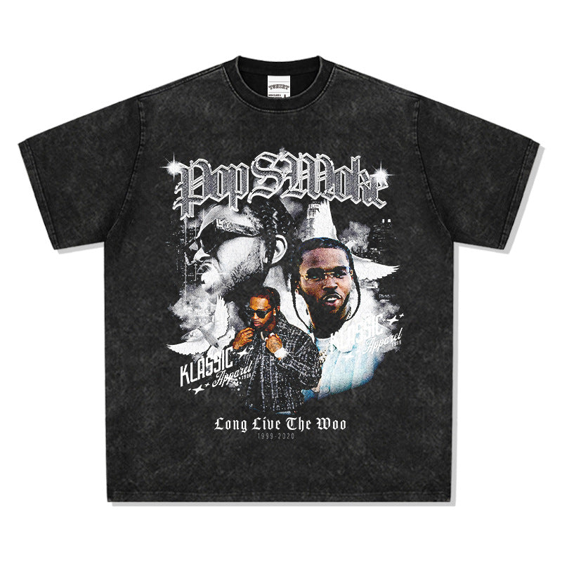 Marcas streetwear usa vintage hip hop pop smoke print short sleeve t-shirt