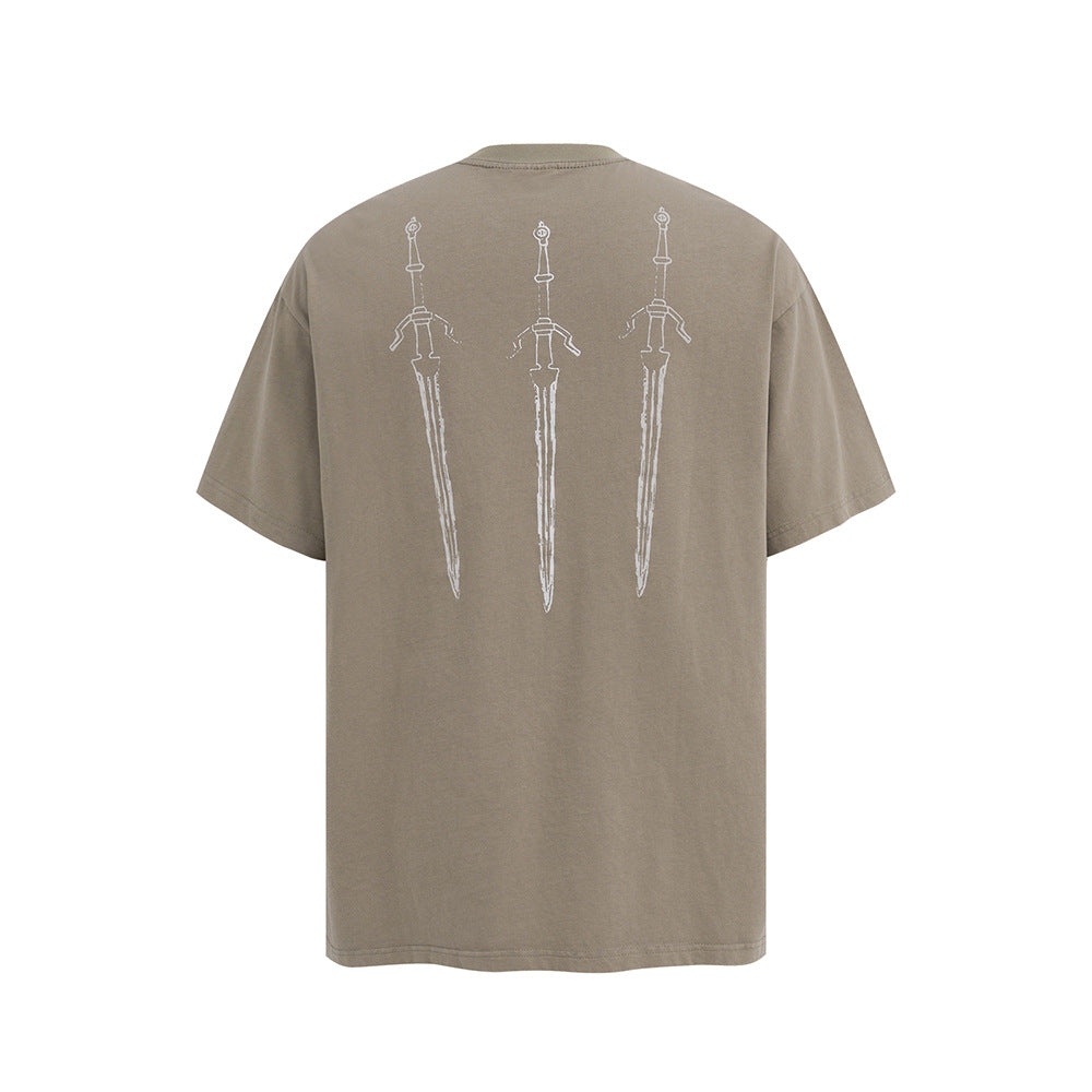 Nostalgia T Shirts Vintage Washed Short Sleeve T-Shirt Summer Sword Print Loose Casual