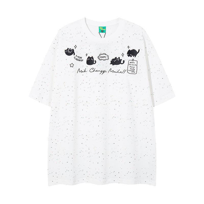 Nyc T-Shirt Vintage Kitten Embroidered Short Sleeve T-Shirt Summer Loose Casual Top