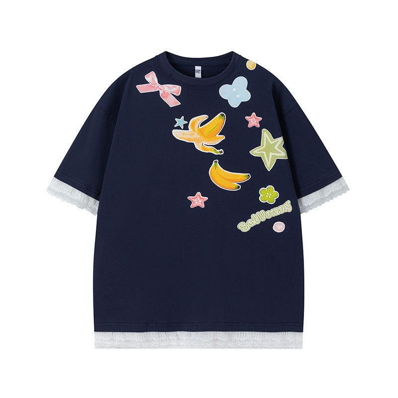 US drip outfits Summer Vintage Fruit Print Casual Loose Short Sleeve T-Shirts