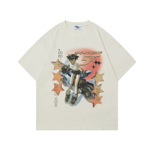 Camisetas Streetwear Summer Vintage Anime Locomotive Print Casual Loose Short Sleeve T-Shirt