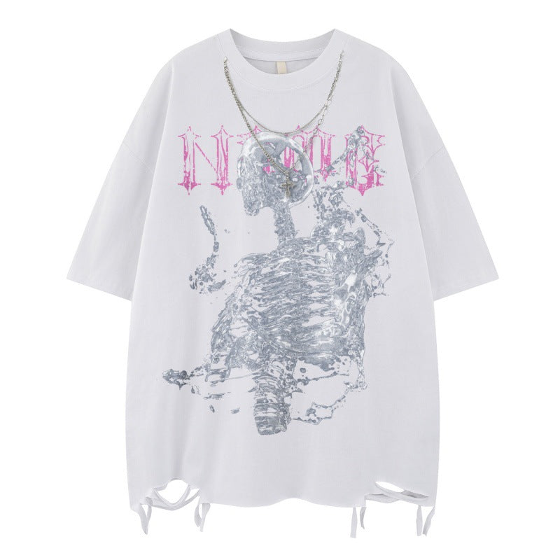 US drip outfits Summer Vintage Skull Print Casual Loose Short Sleeve T-Shirts