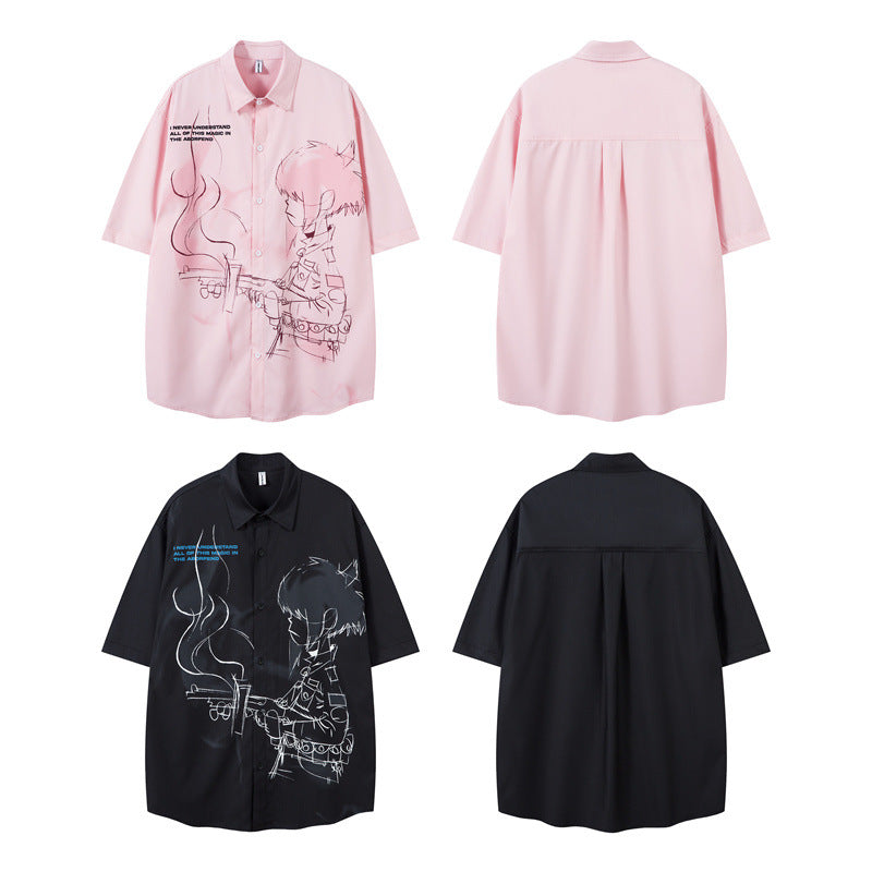 US drip outfits Summer Vintage Cartoon Boy Casual Loose Short Sleeve T-Shirts