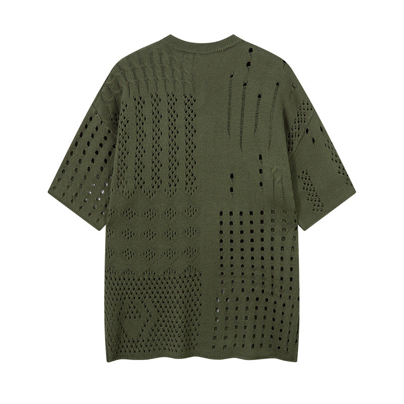 Casual Street Wear Vintage Knitted Sweater Loose Crew Neck Short Sleeve T-Shirt