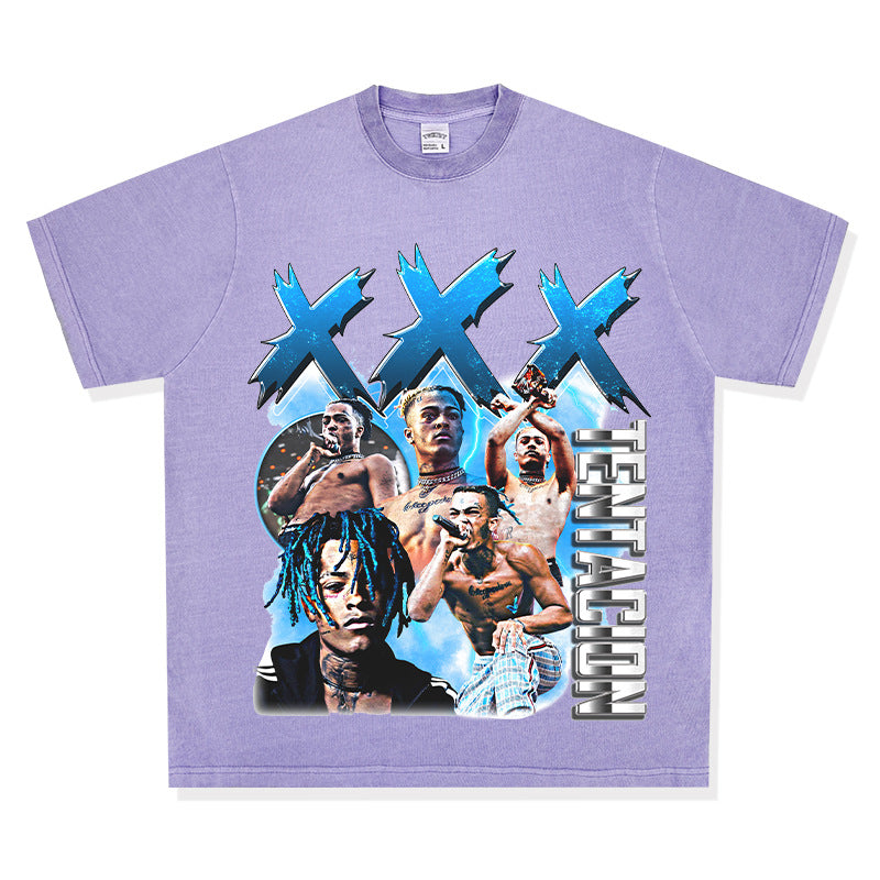 Streetwear masculino vintage hip hop rap XXX Tentacion print short sleeve t-shirt