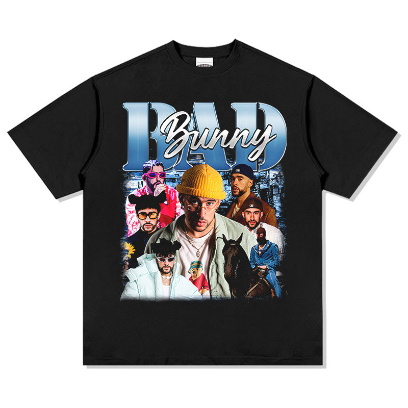 Streetwear masculino vintage hip hop Bad Bunny print short sleeve t-shirt