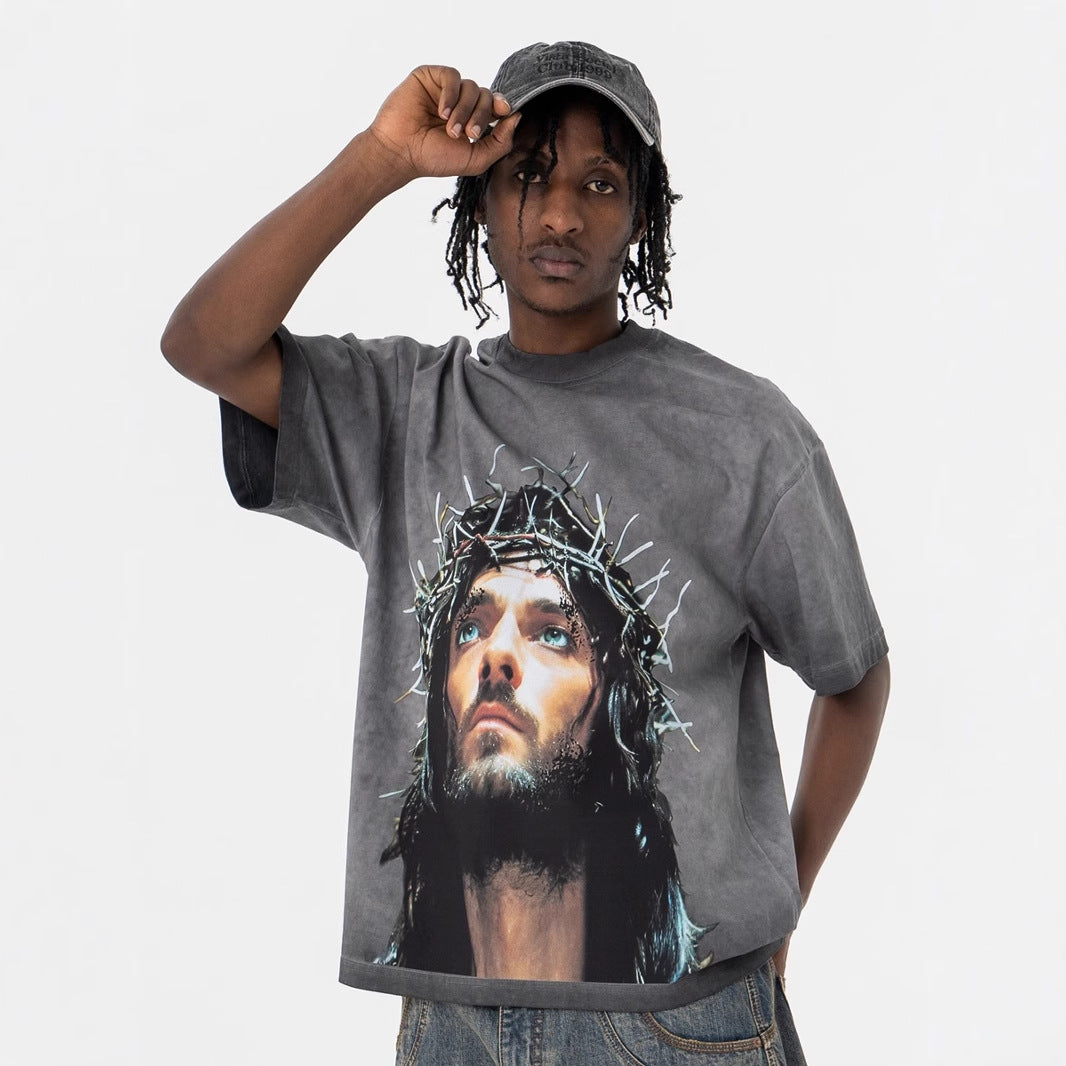 Vintage 90s Hip Hop Clothing Summer Empty Print Vintage gradual change Washed Crew Neck Short Sleeve T-Shirt