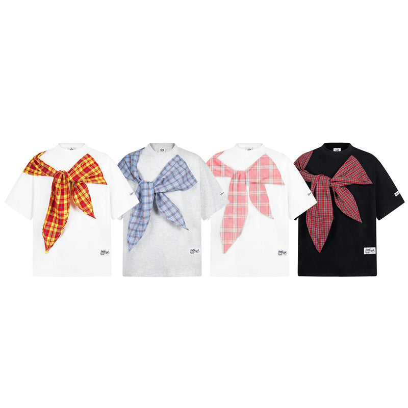 US drip outfits summer vintage bow casual loose short sleeve T-Shirts