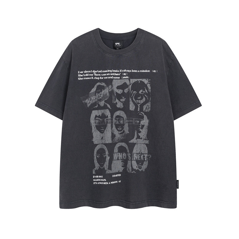 Y2K mens shirt washed portrait letter pattern T-shirt men's short sleeves casual loose