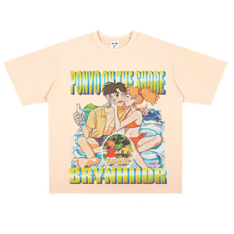 Film Star T Shirt Japanese Cartoons Animation Ponyo on the Cliff by the Sea Movie Loose Heavy Street Cotton T-shirt