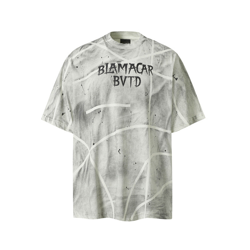 Camisas Retros Washed Hip Hop Tie-Dye Alphabet Print Short Sleeve T-Shirt