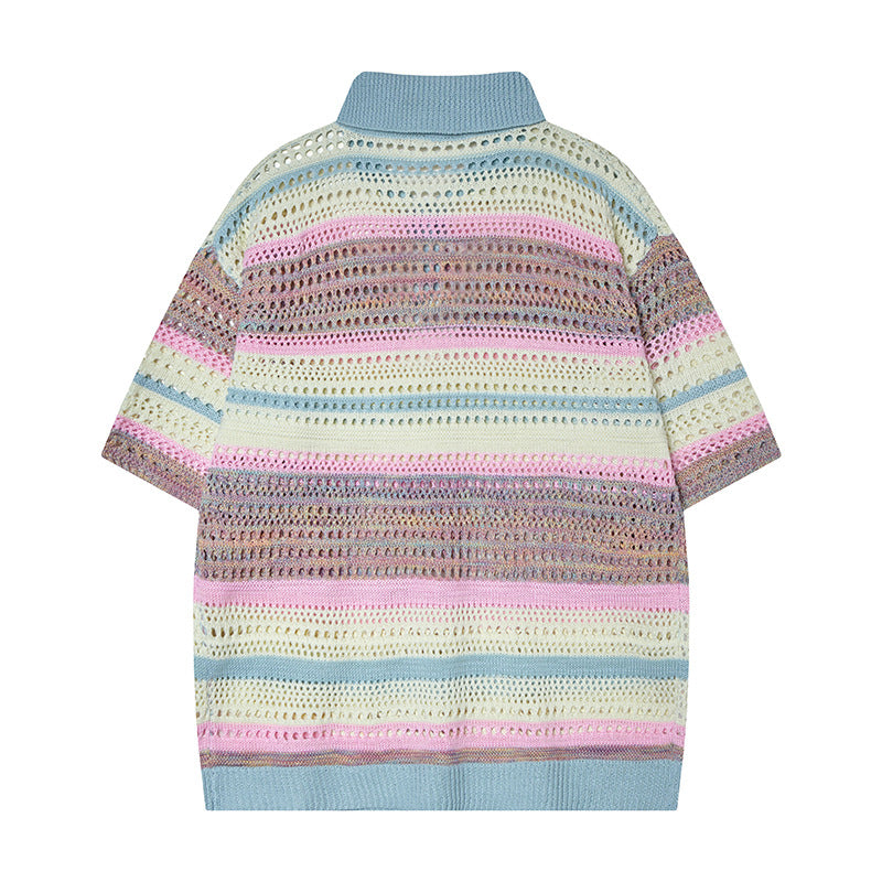 Camisas Retros retro stripes gradual change color spring and summer hollow knit sweater