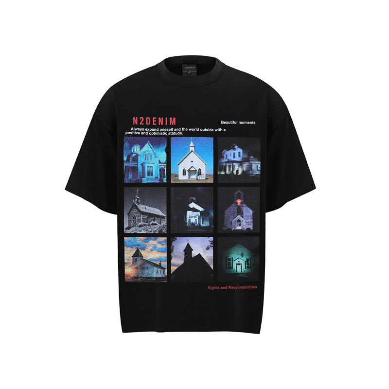 Stone Wash T shirt Building Print Short Sleeve T-Shirt