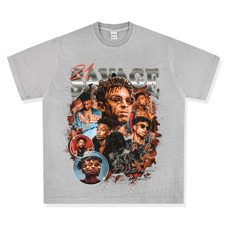 Streetwear masculino vintage 21 Savage print short sleeve hip hop t-shirt