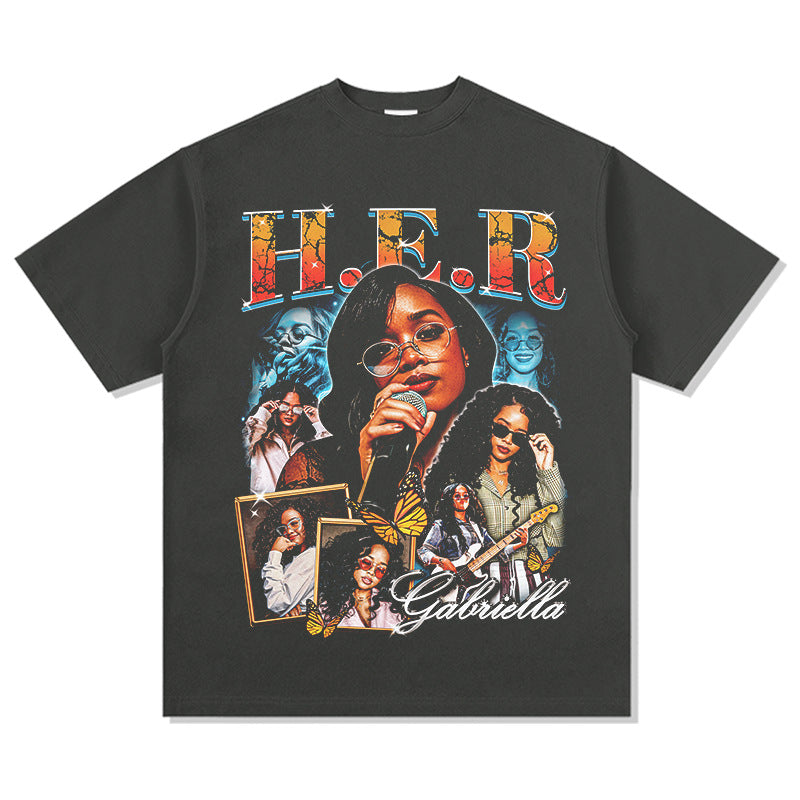 Outfit streetwear vintage hip hop HER print short sleeve t-shirt