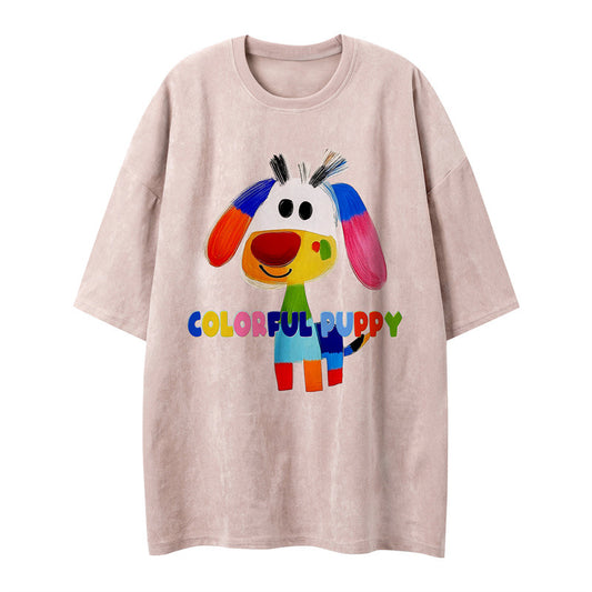 US drip outfits Summer Vintage Color Doodle Puppy Casual Loose Short Sleeve T-Shirts
