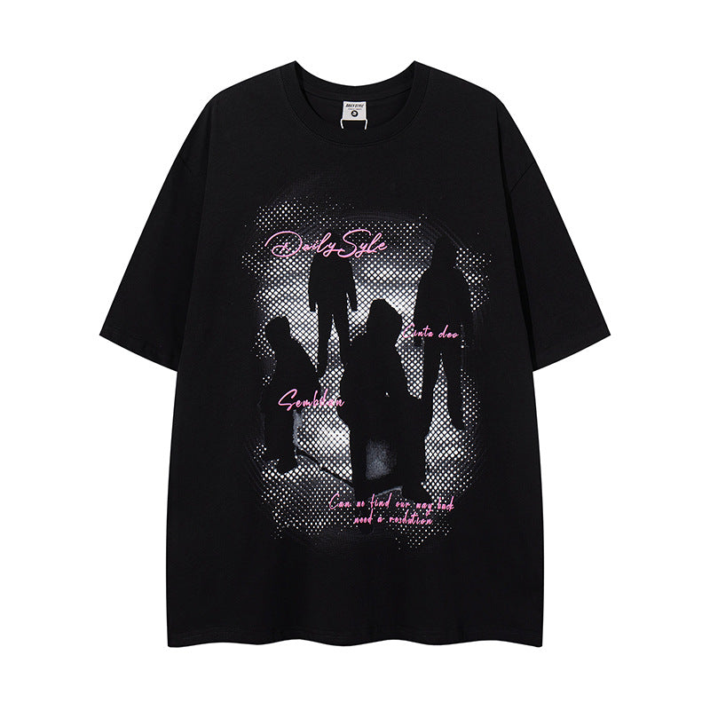 Distorted vintage black shadow portrait print short sleeve t-shirt summer oversize casual top