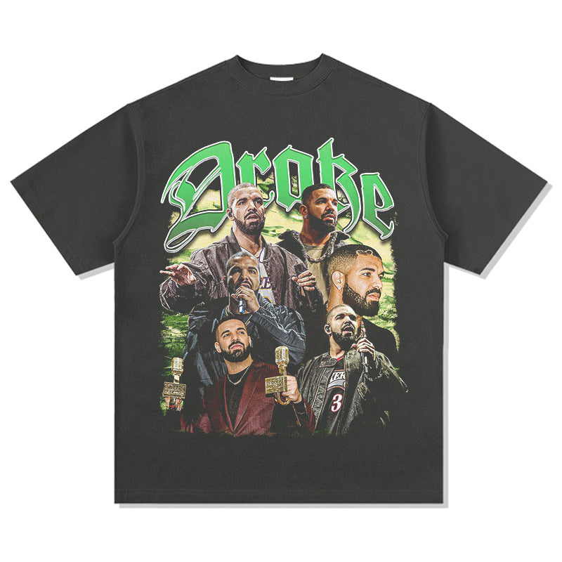 Cool t rapper Drake Printed Hip Hop Street Short Sleeve Vintage Washed T-Shirt Loose Top
