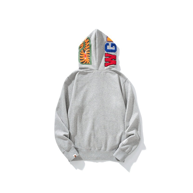 Ape Hoodie Shark Double Hat Embroidered Zip Sweater Casual Loose Hooded Jacket