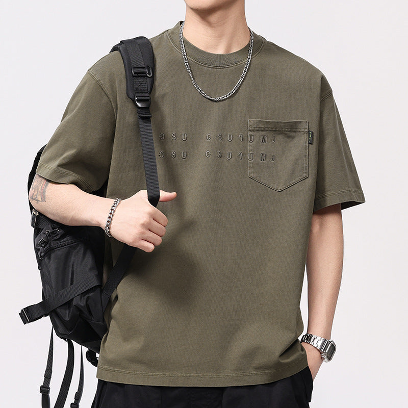 Men T-shirts Vintage Short Sleeve Summer Loose Embroidery