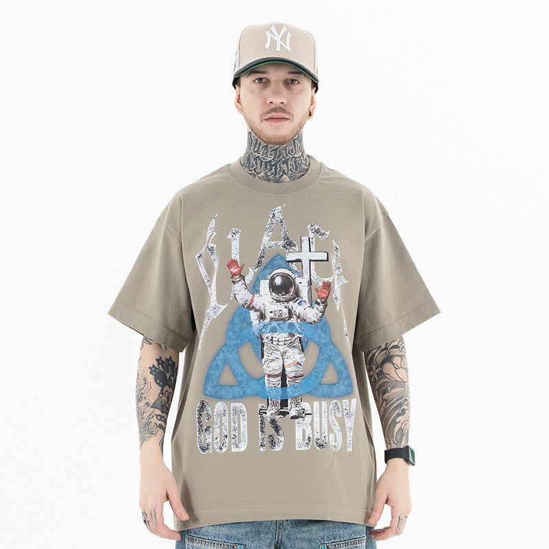 Vic Streetwear Summer Vintage Astronaut Print Crew Neck Short Sleeve T-Shirt