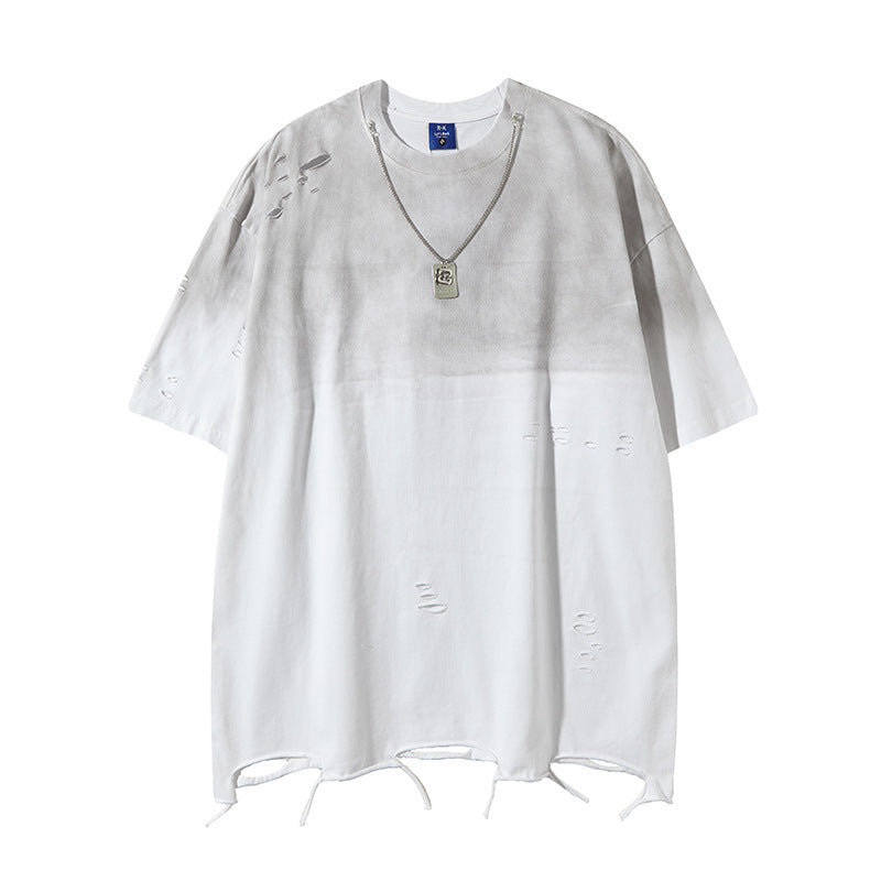 Retro Style Shirt For Men Summer Necklace tee Washed Short Sleeve T-Shirt