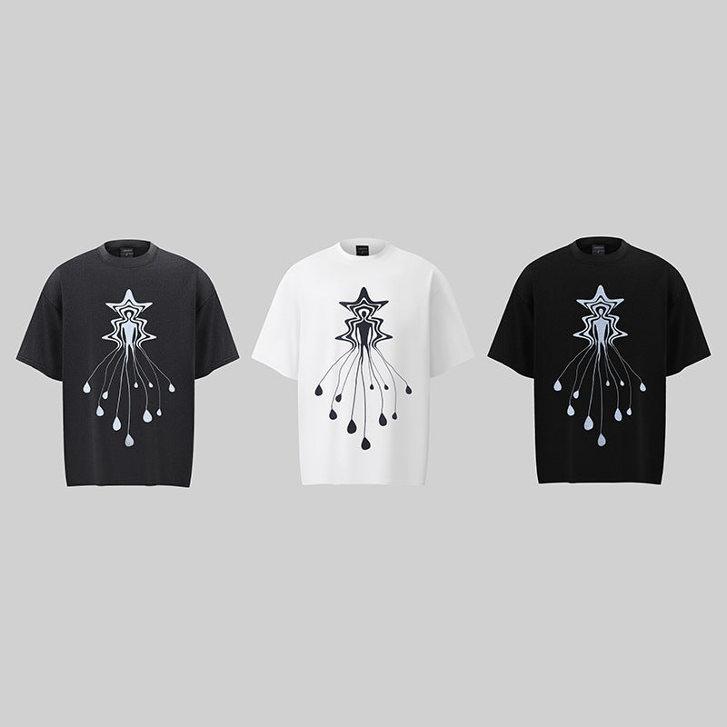Camisas Retros Washed Old Abstract Character Print Short Sleeve T-Shirt