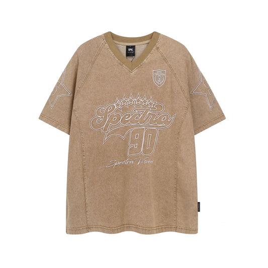 Retro Style Shirt For Men Summer Vintage Embroidered Denim T-Shirt Short Sleeve