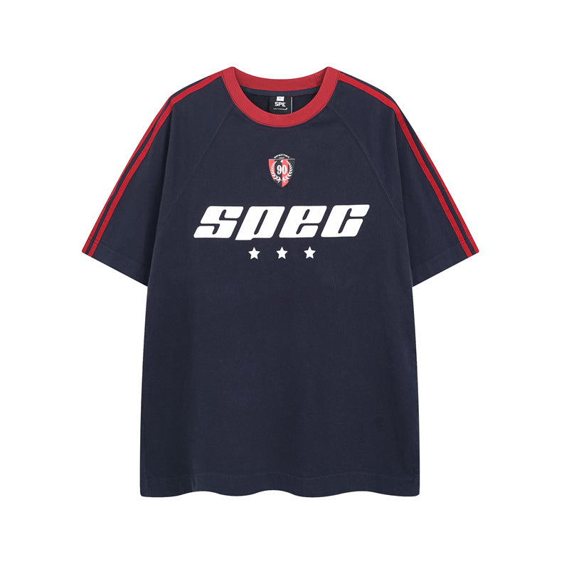 Y2K mens shirt retro round neck splicing men's short-sleeved T-shirt