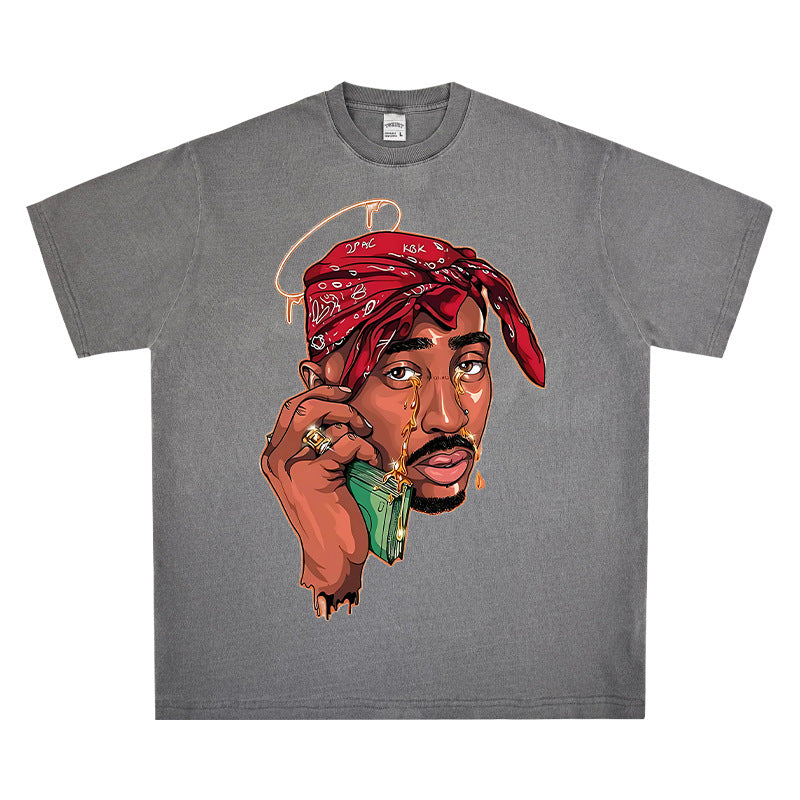 Streetwear masculino vintage hip hop tupac print short sleeve t-shirt