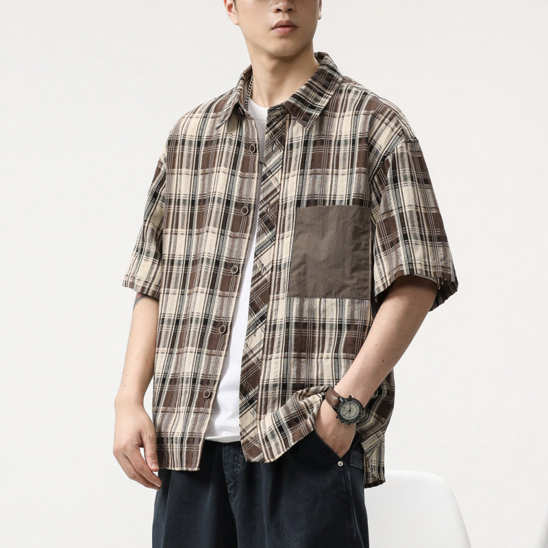 Men T-shirts Vintage Plaid Shirt Short Sleeve Summer Loose