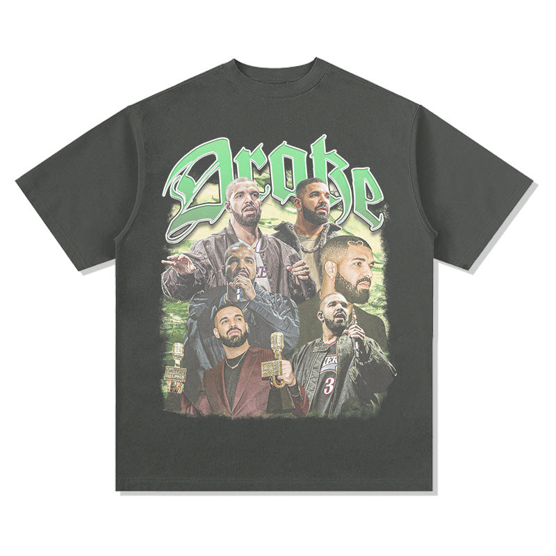 Cool t rapper Drake Printed Hip Hop Street Short Sleeve Vintage Washed T-Shirt Loose Top
