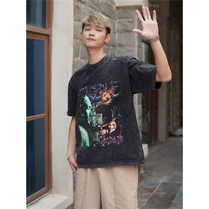 Film Star T Shirt Pure Cotton Loose Short Sleeve American Retro Trendy Printed round Neck T-shirt for Men