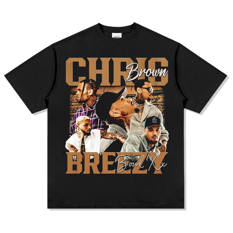Streetwear masculino vintage hip hop Chris Brown print short-sleeved t-shirt