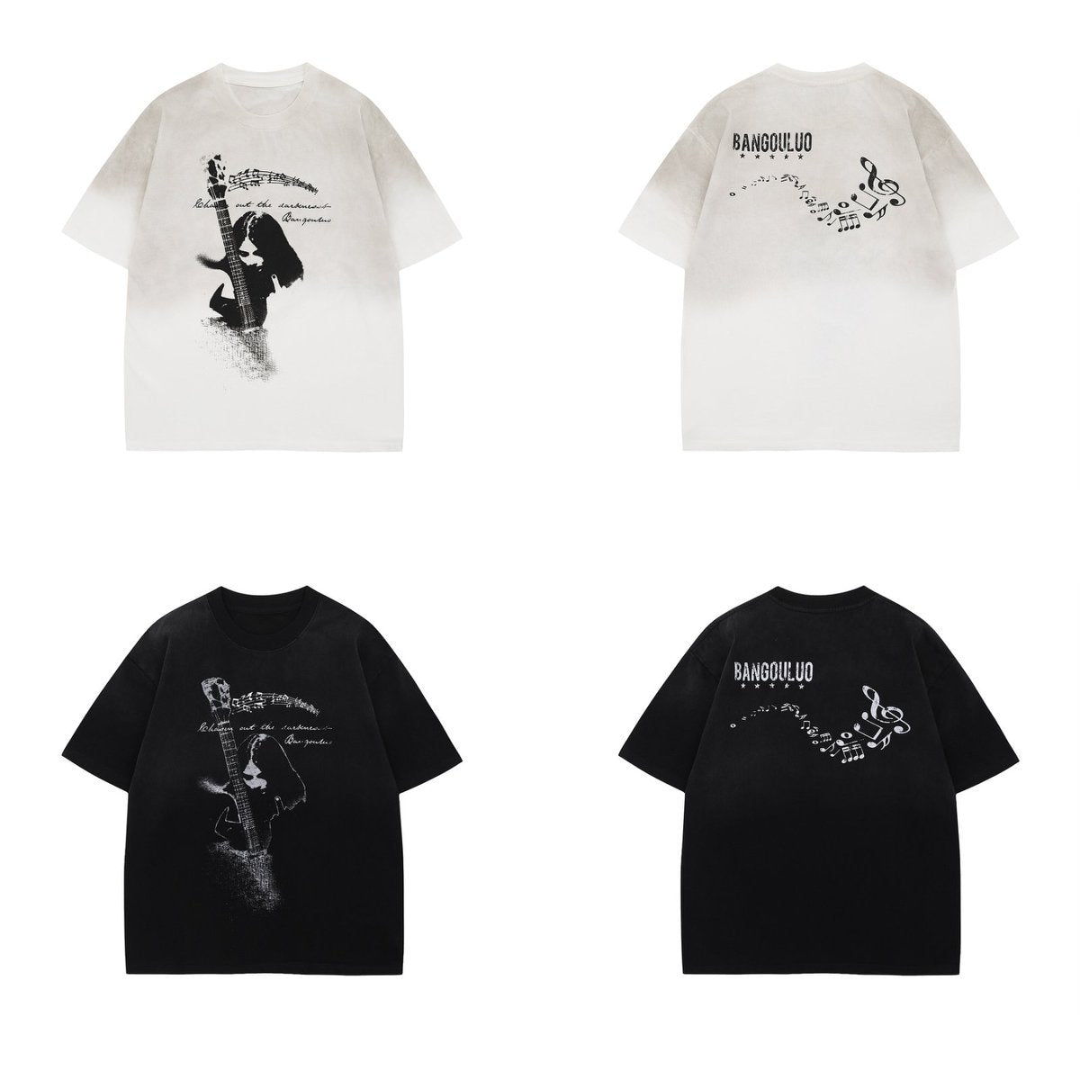 US drip outfits summer retro gradual change guitar casual loose short sleeve T-Shirts