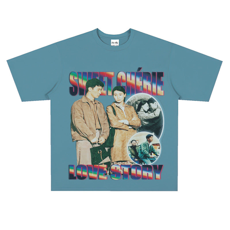 Film Star T Shirt Loose Heavy Retro Street Cotton Small Neckline T-shirt for Men and Women