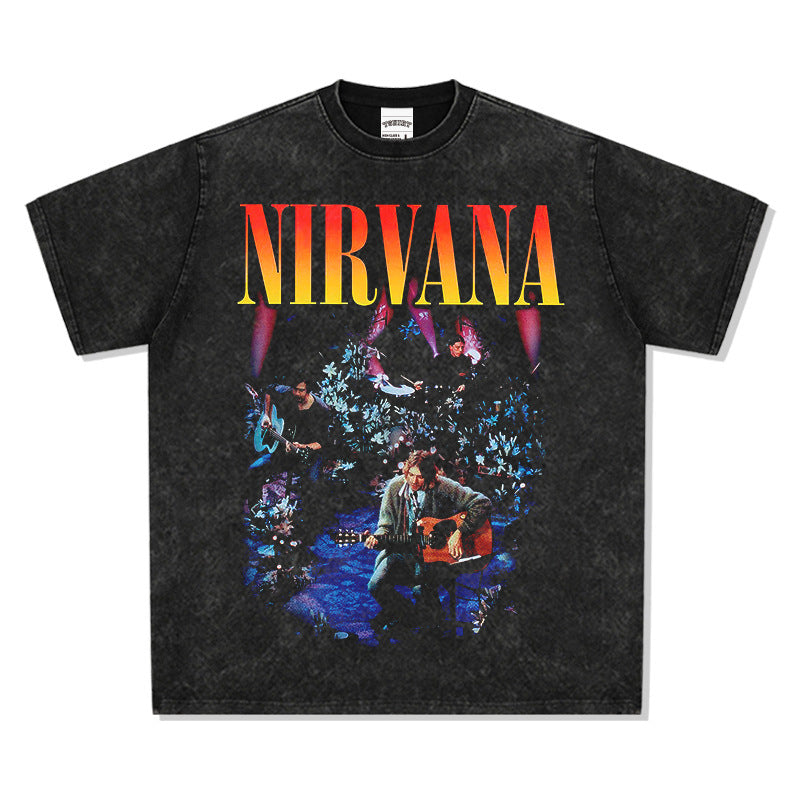 Cool t rapper Nirvana Band American T-Shirt Hip Hop Vintage Print Make Old Short Sleeve T-Shirt
