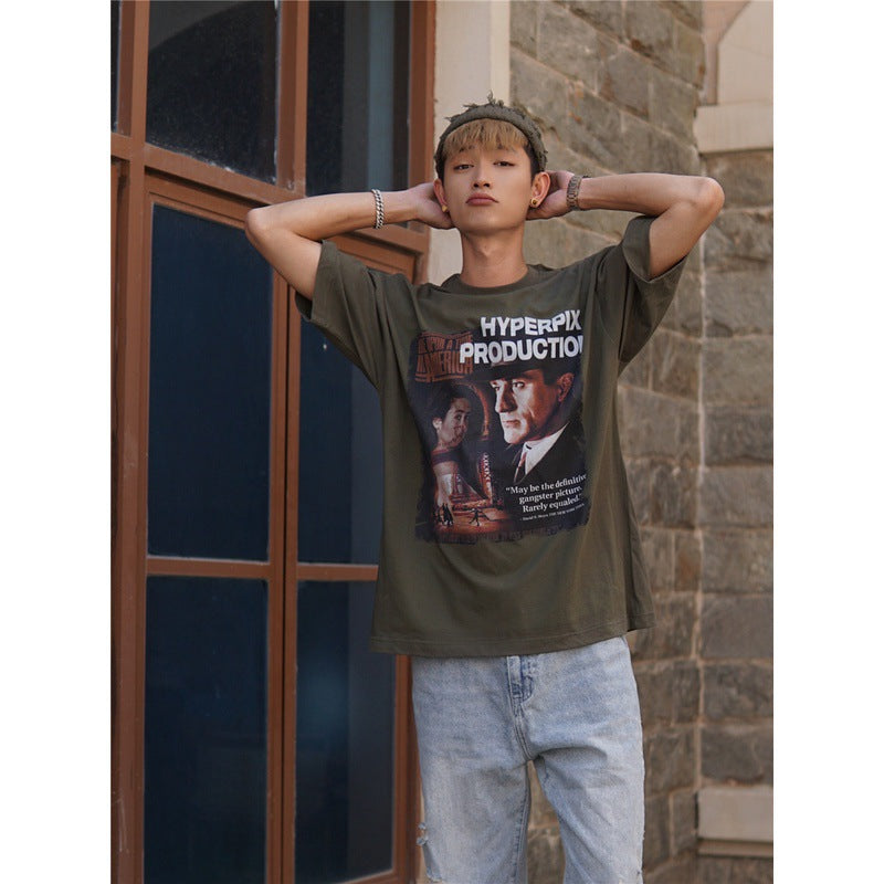 Film Star T Shirt Trendy Cotton Short Sleeve Loose round Neck American Retro T-shirt for Men