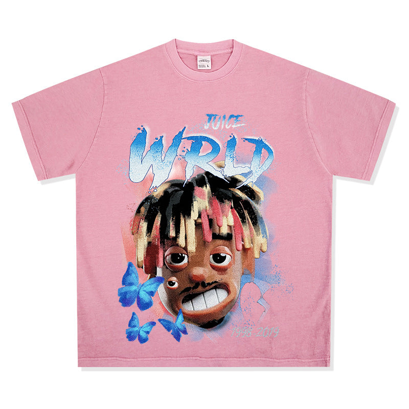 Cool t rapper rap Juice Wrld print hip hop short sleeve vintage loose
