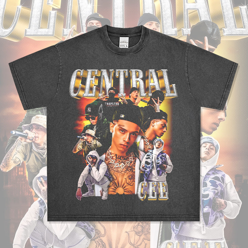 Streetwear masculino vintage hip hop central cee jinchi print short sleeve t-shirt